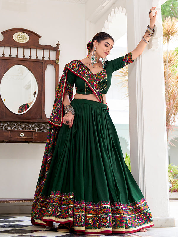 Green Gamthi Print Tussar Silk Lehenga Choli With Dupatta