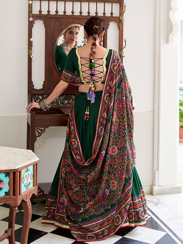 Green Gamthi Print Tussar Silk Lehenga Choli With Dupatta