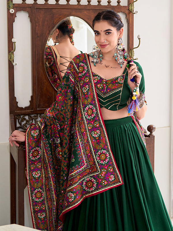 Green Gamthi Print Tussar Silk Lehenga Choli With Dupatta