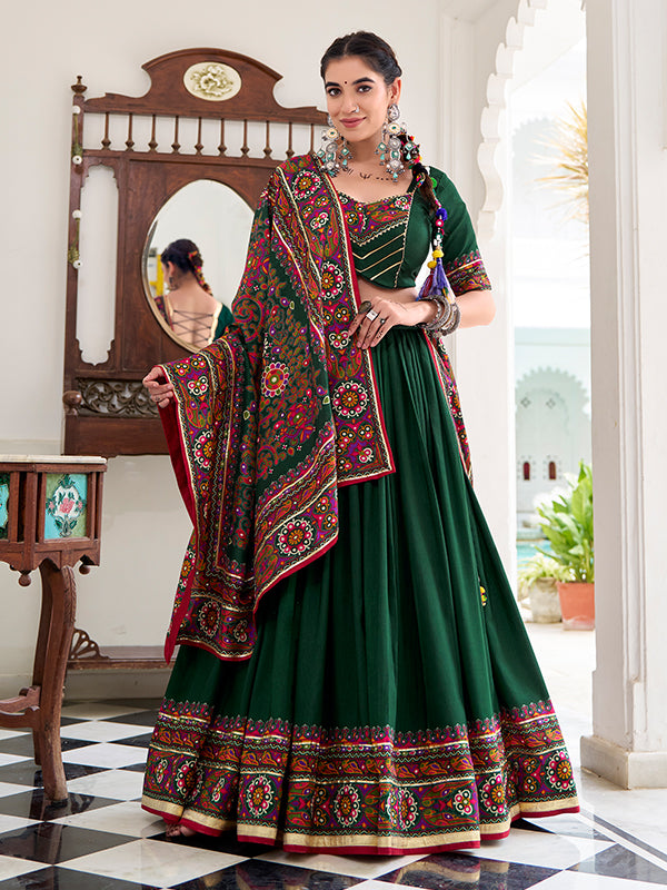 Green Gamthi Print Tussar Silk Lehenga Choli With Dupatta