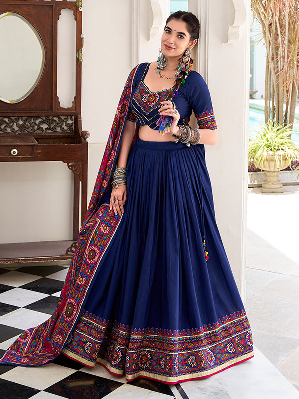 Navy Blue Gamthi Print Tussar Silk Lehenga Choli With Dupatta