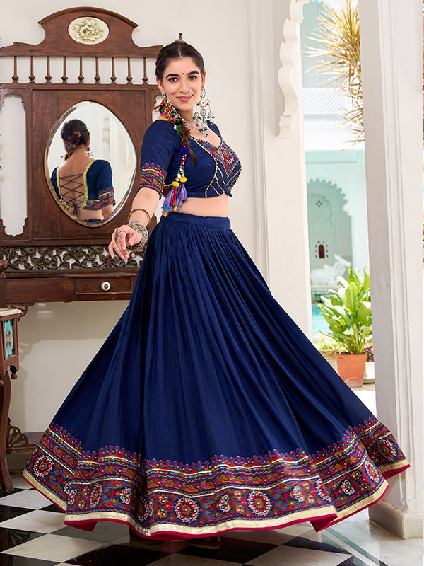 Navy Blue Gamthi Print Tussar Silk Lehenga Choli With Dupatta