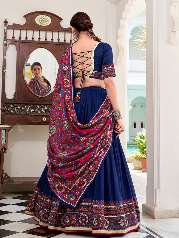Navy Blue Gamthi Print Tussar Silk Lehenga Choli With Dupatta