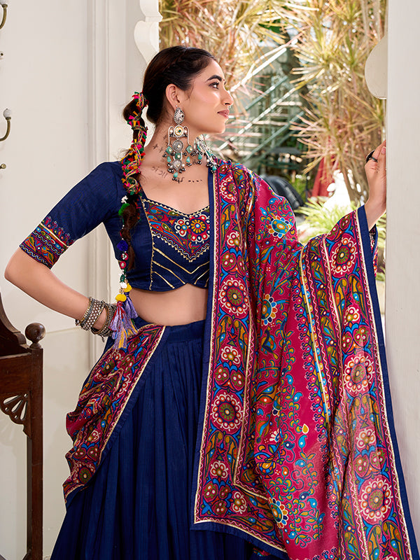 Navy Blue Gamthi Print Tussar Silk Lehenga Choli With Dupatta