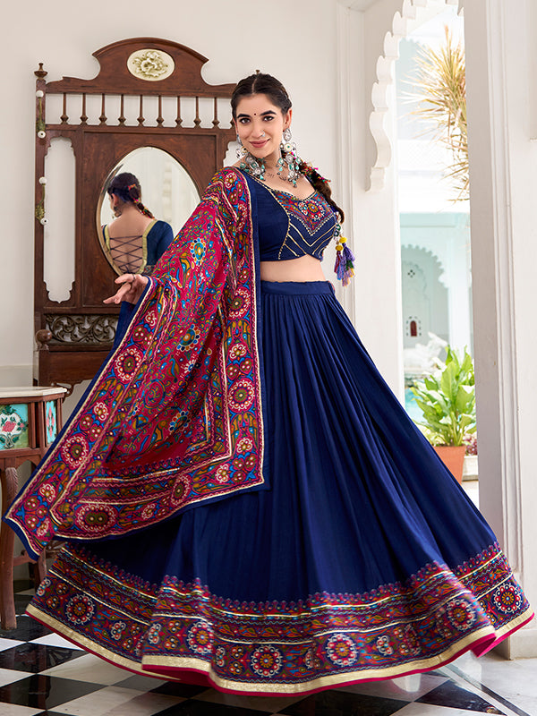Navy Blue Gamthi Print Tussar Silk Lehenga Choli With Dupatta