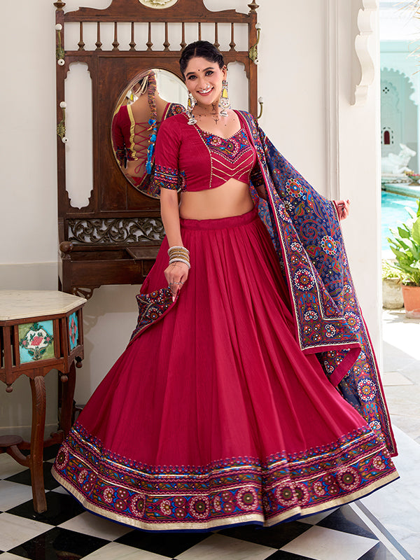 Pink Gamthi Print Tussar Silk Lehenga Choli With Dupatta