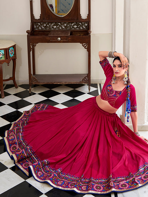Pink Gamthi Print Tussar Silk Lehenga Choli With Dupatta