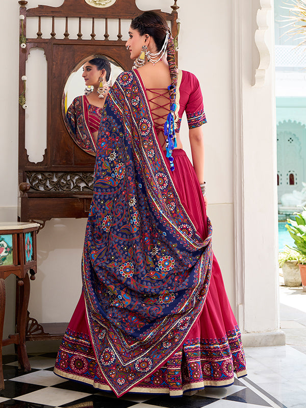 Pink Gamthi Print Tussar Silk Lehenga Choli With Dupatta