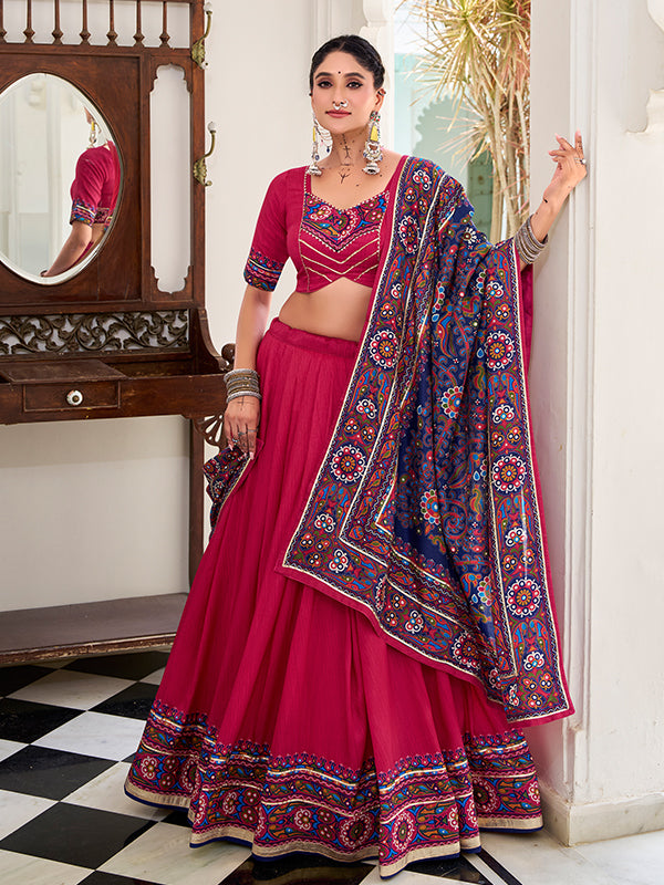 Pink Gamthi Print Tussar Silk Lehenga Choli With Dupatta