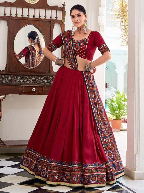Red Gamthi Print Tussar Silk Lehenga Choli With Dupatta
