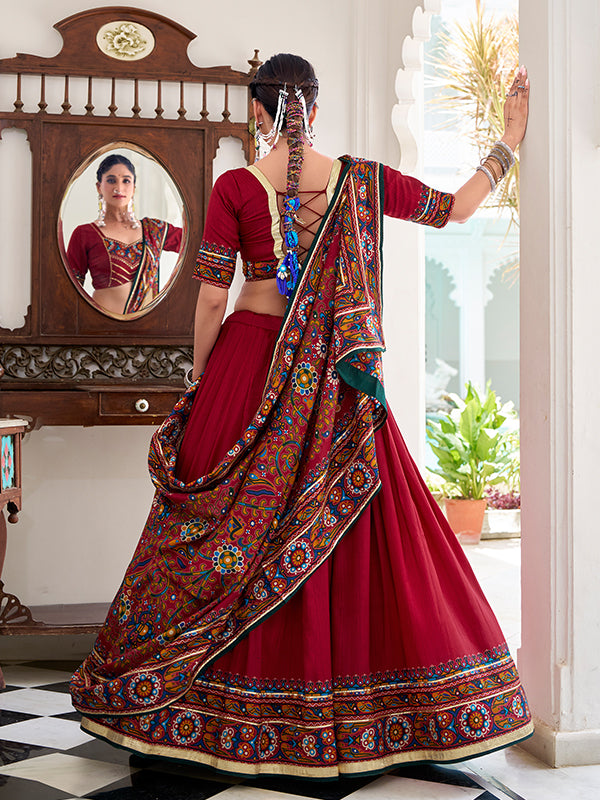 Red Gamthi Print Tussar Silk Lehenga Choli With Dupatta