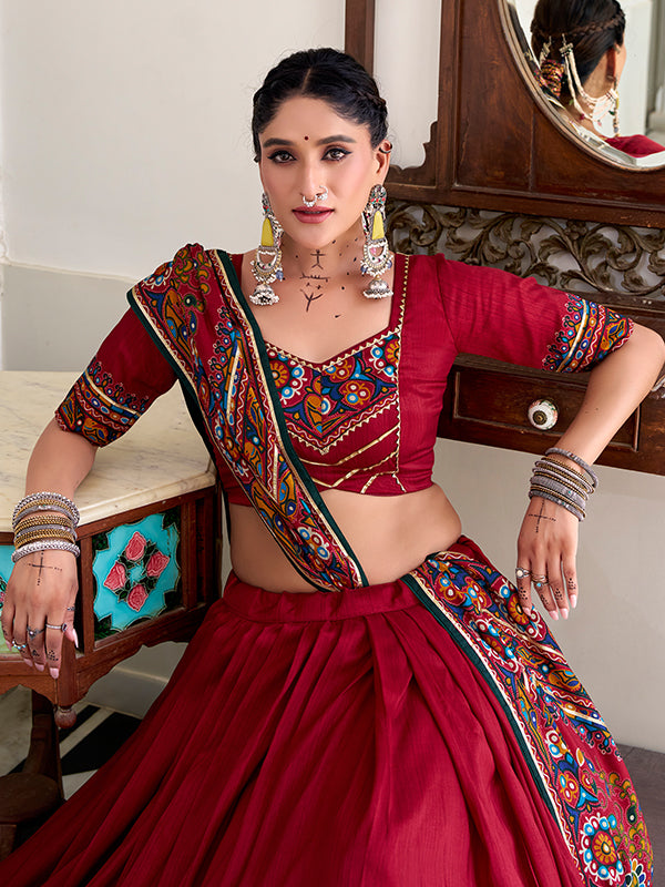 Red Gamthi Print Tussar Silk Lehenga Choli With Dupatta