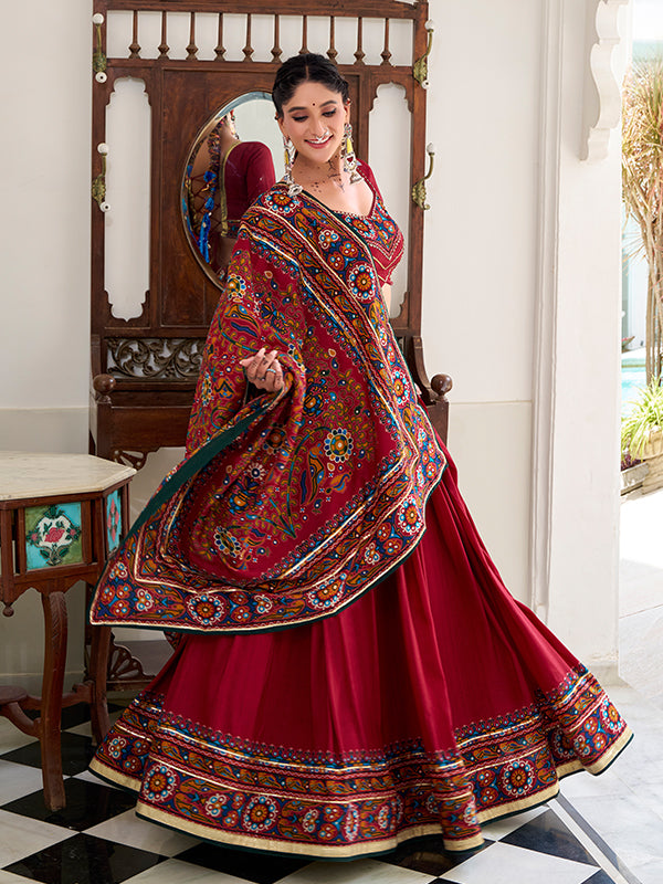 Red Gamthi Print Tussar Silk Lehenga Choli With Dupatta