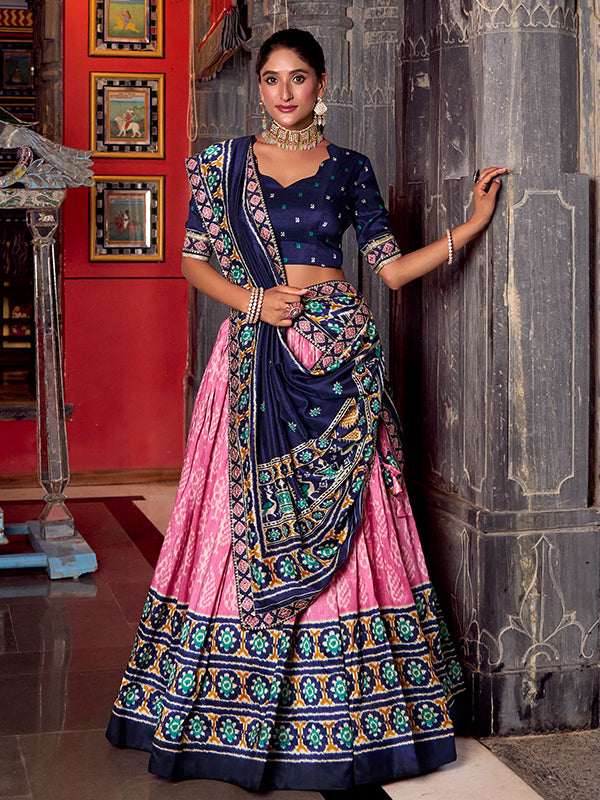 Light Pink & Blue Ikkat Print Tussar Silk Lehenga Choli With Dupatta