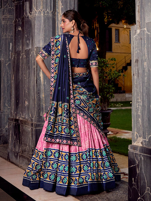 Light Pink & Blue Ikkat Print Tussar Silk Lehenga Choli With Dupatta