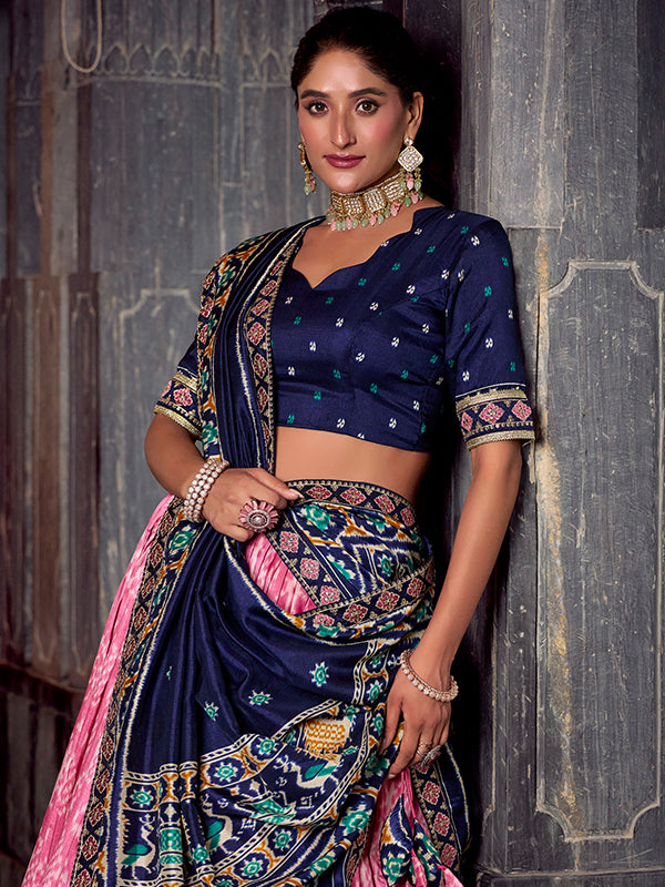 Light Pink & Blue Ikkat Print Tussar Silk Lehenga Choli With Dupatta