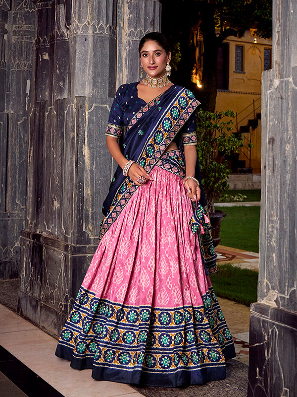 Light Pink & Blue Ikkat Print Tussar Silk Lehenga Choli With Dupatta