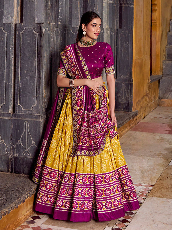 Yellow & Pink Ikkat Print Tussar Silk Lehenga Choli With Dupatta