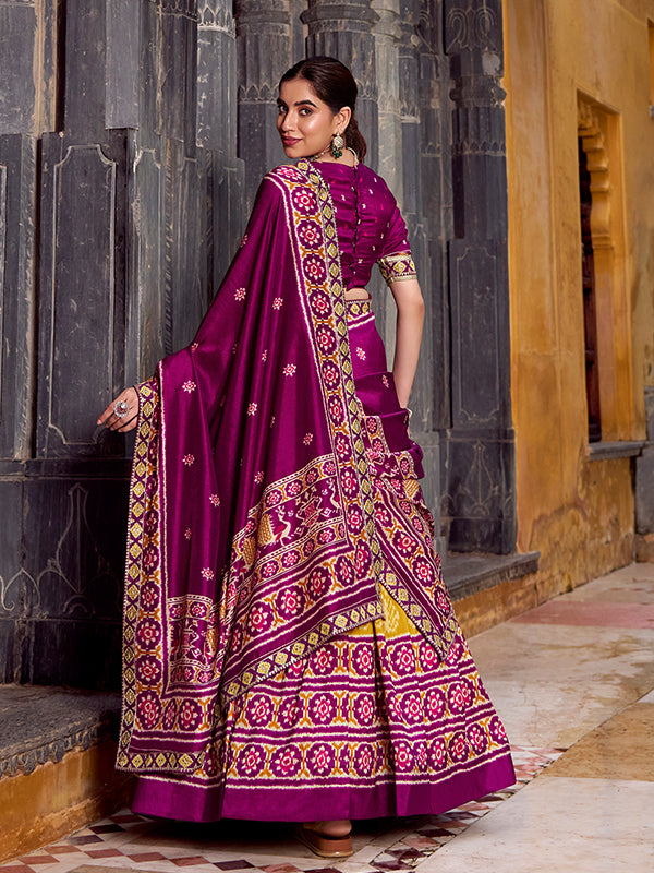 Yellow & Pink Ikkat Print Tussar Silk Lehenga Choli With Dupatta