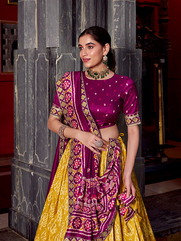 Yellow & Pink Ikkat Print Tussar Silk Lehenga Choli With Dupatta