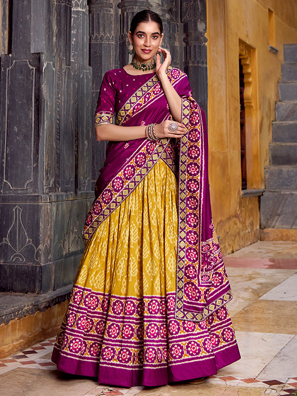 Yellow & Pink Ikkat Print Tussar Silk Lehenga Choli With Dupatta