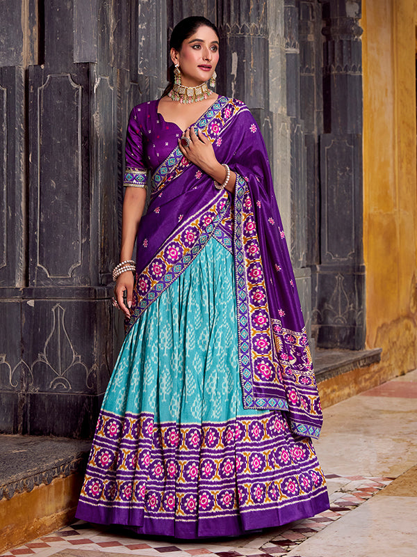 Sky Blue & Purple Ikkat Print Tussar Silk Lehenga Choli With Dupatta