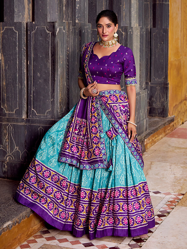 Sky Blue & Purple Ikkat Print Tussar Silk Lehenga Choli With Dupatta