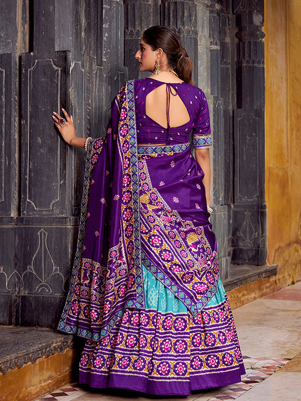 Sky Blue & Purple Ikkat Print Tussar Silk Lehenga Choli With Dupatta