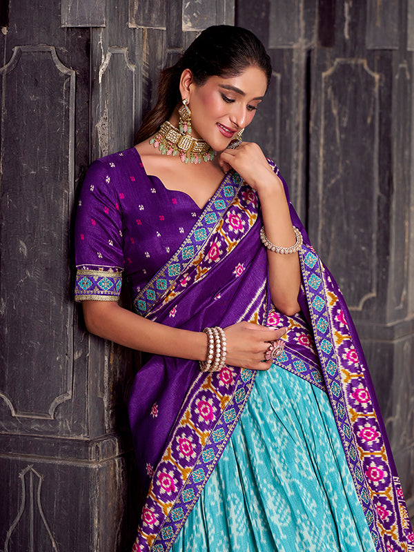 Sky Blue & Purple Ikkat Print Tussar Silk Lehenga Choli With Dupatta