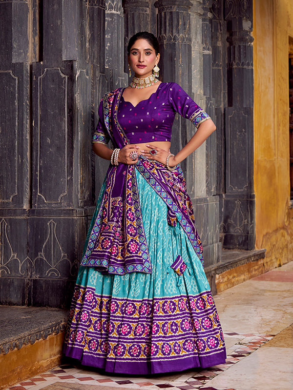 Sky Blue & Purple Ikkat Print Tussar Silk Lehenga Choli With Dupatta