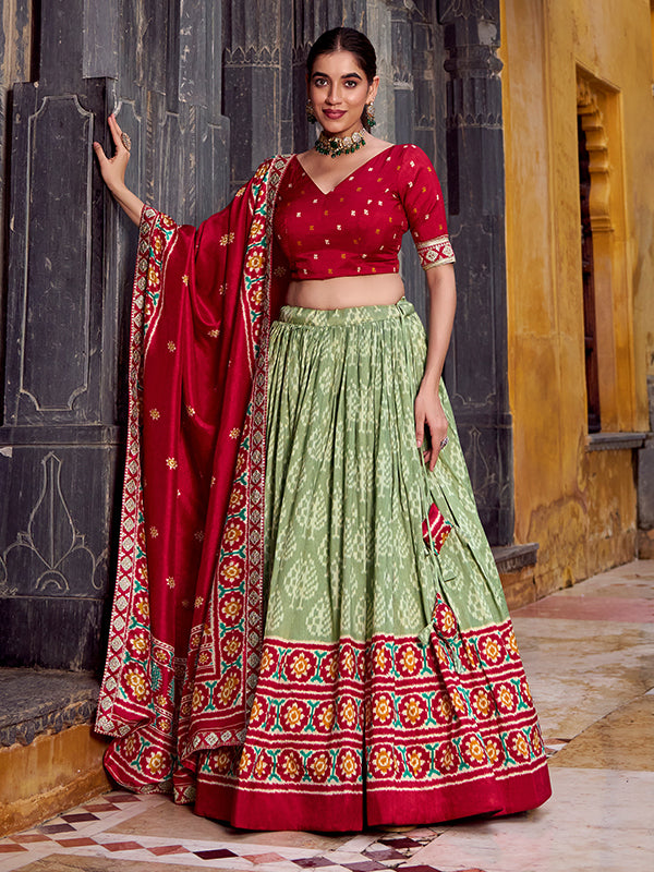 Pista Green & Red Ikkat Print Tussar Silk Lehenga Choli With Dupatta