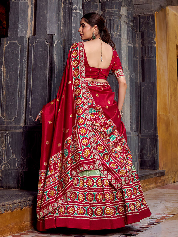 Pista Green & Red Ikkat Print Tussar Silk Lehenga Choli With Dupatta