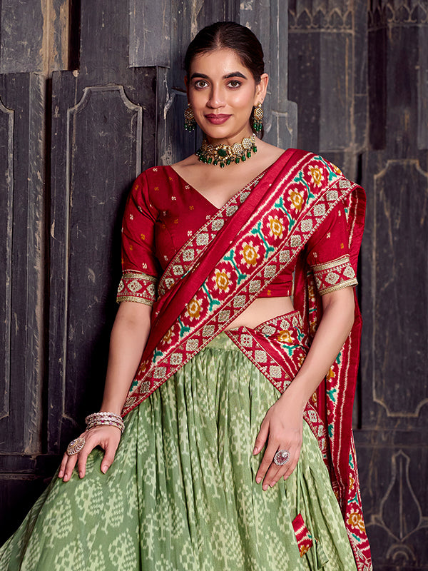 Pista Green & Red Ikkat Print Tussar Silk Lehenga Choli With Dupatta