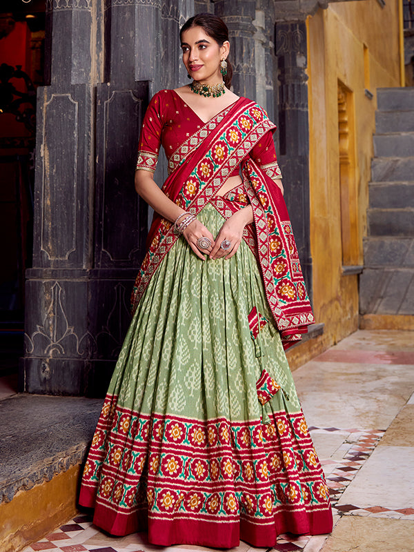 Pista Green & Red Ikkat Print Tussar Silk Lehenga Choli With Dupatta