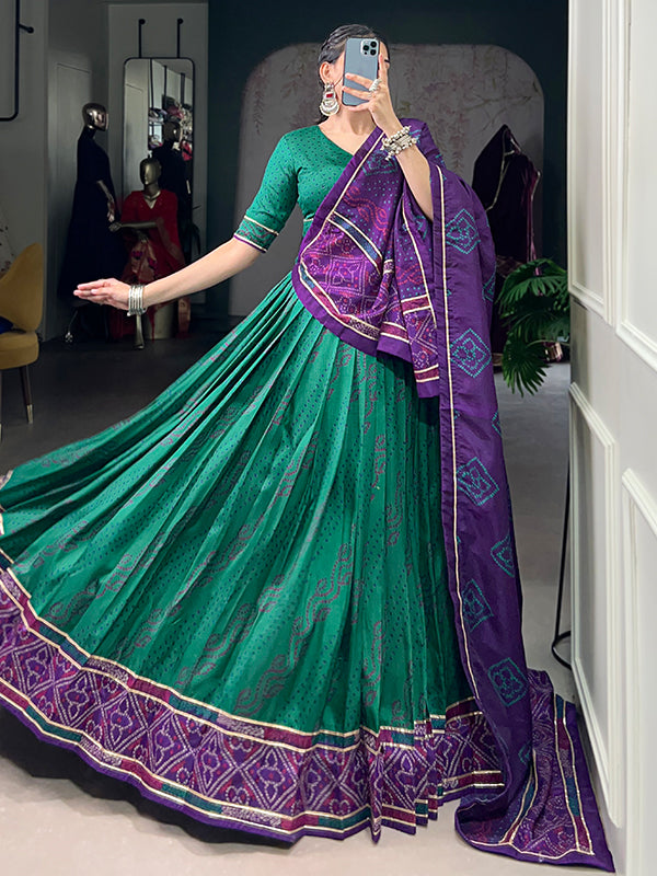 Green Bandhani Printed Tussar Silk Lehenga Choli With Dupatta