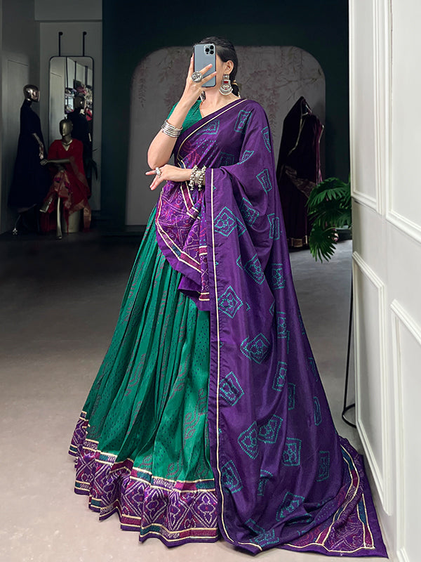 Green Bandhani Printed Tussar Silk Lehenga Choli With Dupatta