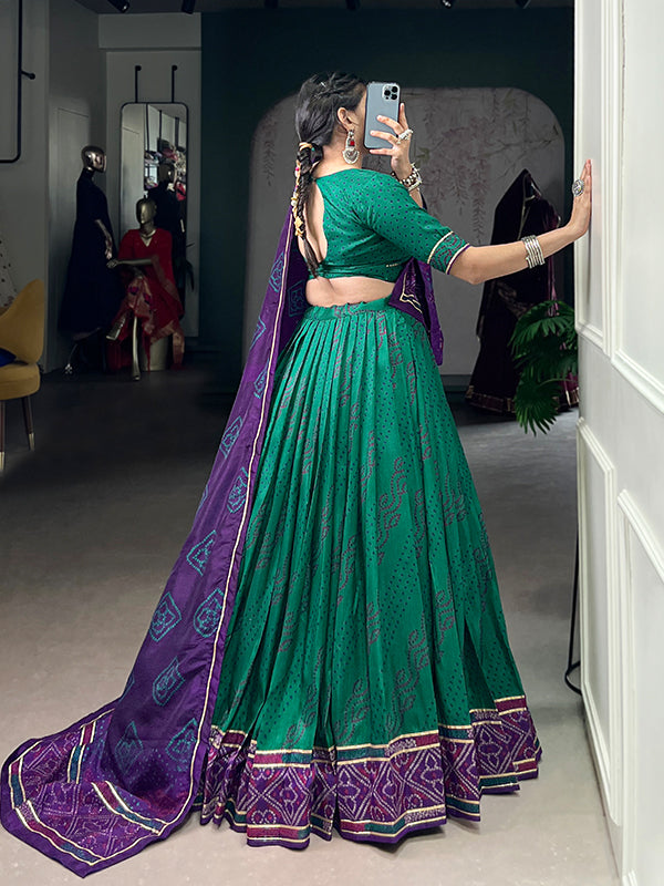 Green Bandhani Printed Tussar Silk Lehenga Choli With Dupatta