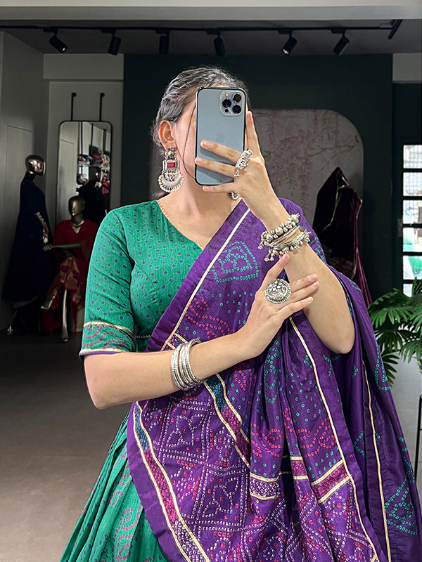 Green Bandhani Printed Tussar Silk Lehenga Choli With Dupatta