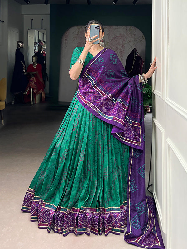 Green Bandhani Printed Tussar Silk Lehenga Choli With Dupatta