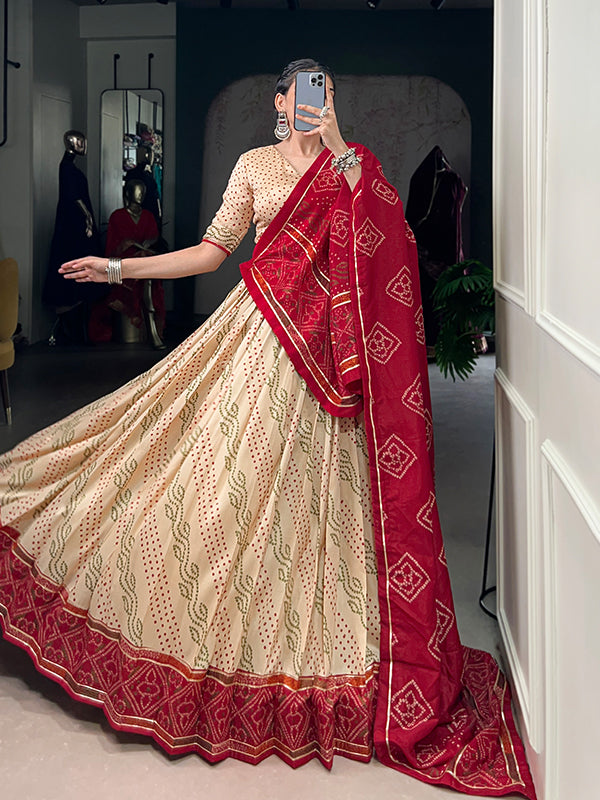 Off White Bandhani Printed Tussar Silk Lehenga Choli With Dupatta