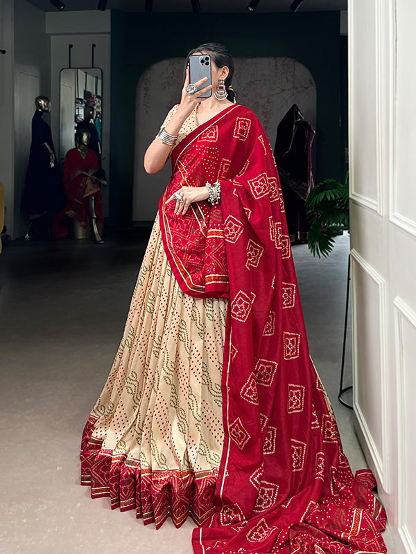 Off White Bandhani Printed Tussar Silk Lehenga Choli With Dupatta