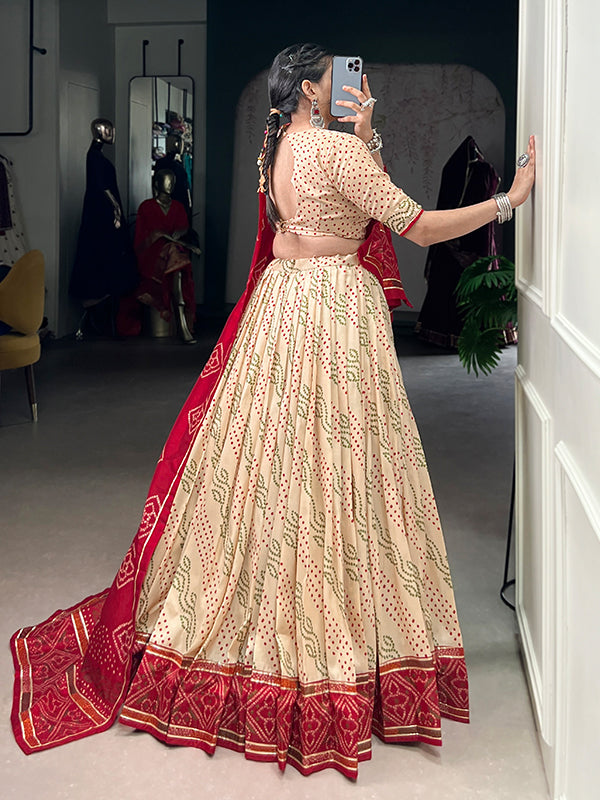 Off White Bandhani Printed Tussar Silk Lehenga Choli With Dupatta