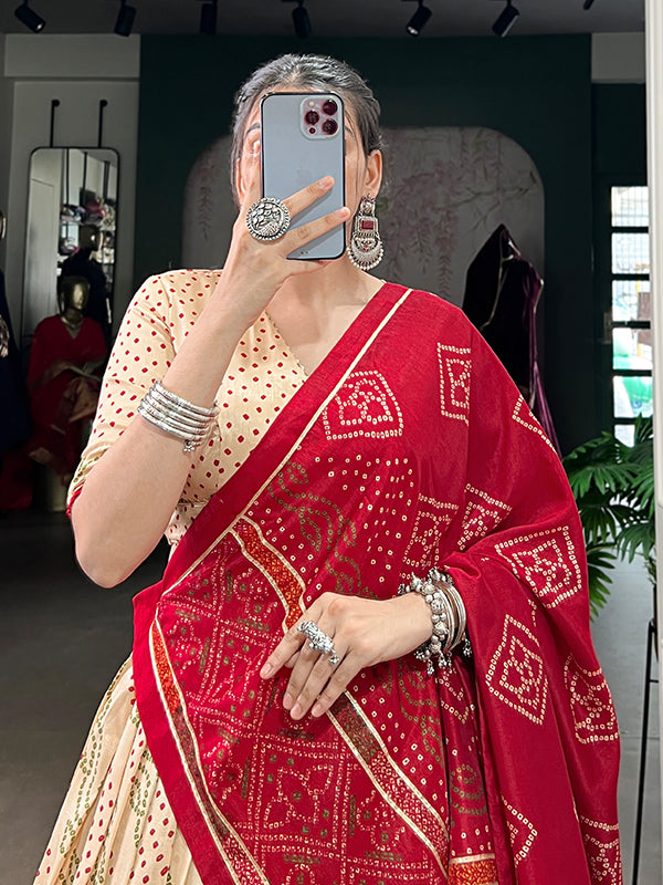 Off White Bandhani Printed Tussar Silk Lehenga Choli With Dupatta