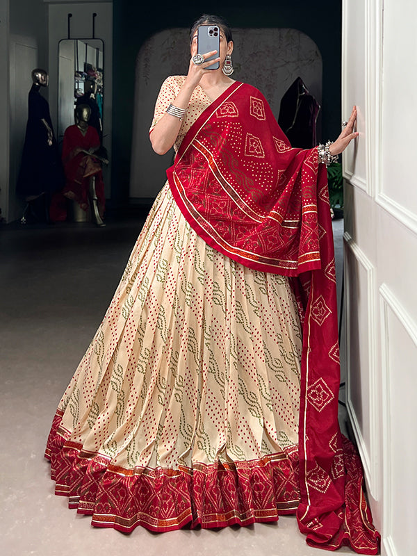 Off White Bandhani Printed Tussar Silk Lehenga Choli With Dupatta