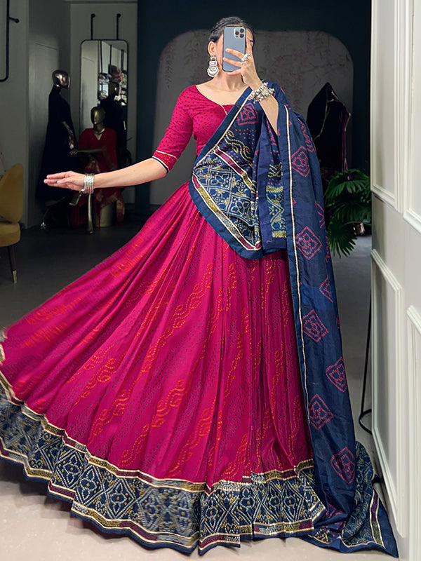 Pink Bandhani Printed Tussar Silk Lehenga Choli With Dupatta