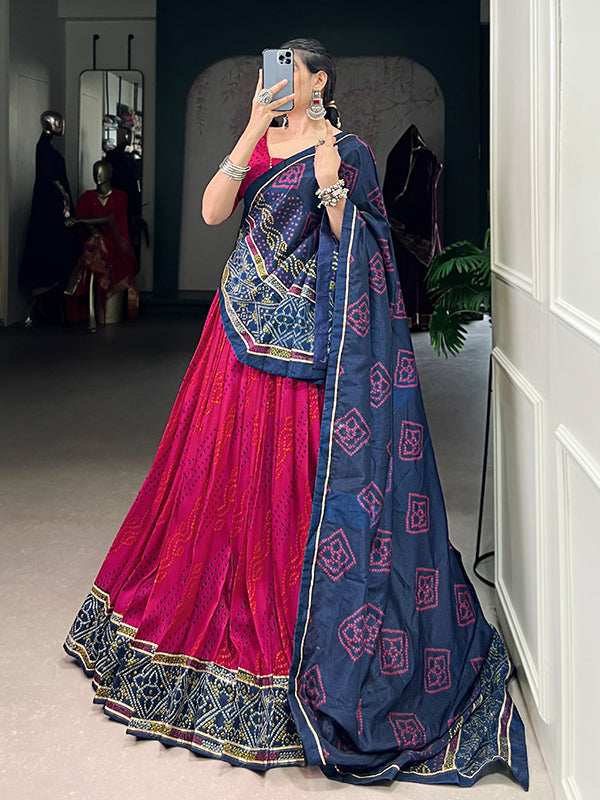 Pink Bandhani Printed Tussar Silk Lehenga Choli With Dupatta