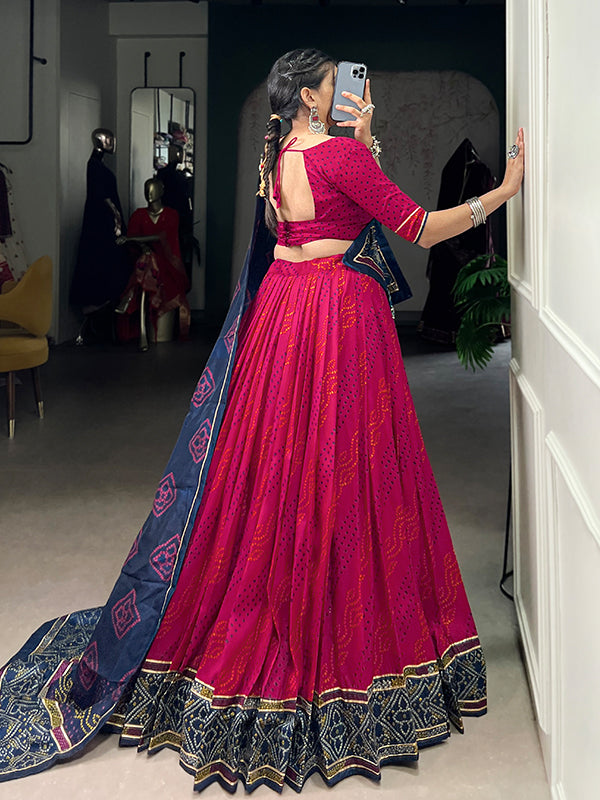 Pink Bandhani Printed Tussar Silk Lehenga Choli With Dupatta