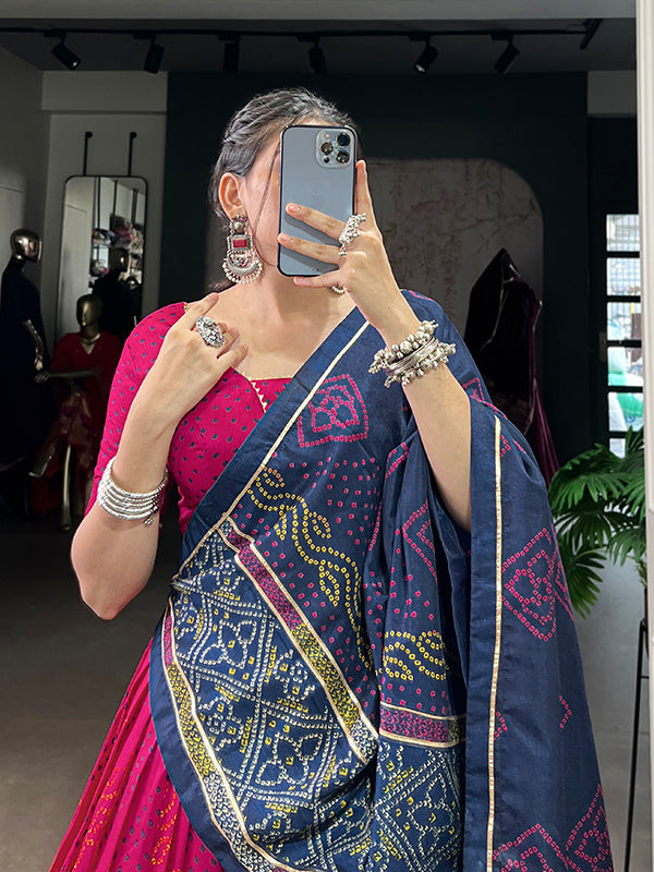 Pink Bandhani Printed Tussar Silk Lehenga Choli With Dupatta
