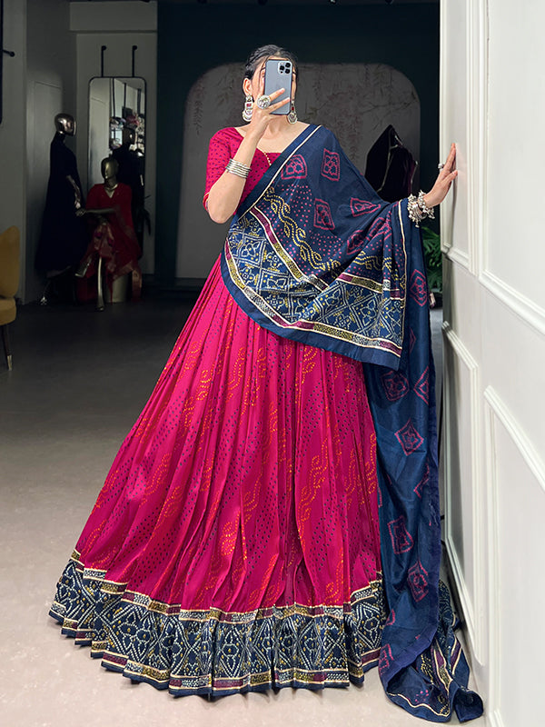 Pink Bandhani Printed Tussar Silk Lehenga Choli With Dupatta