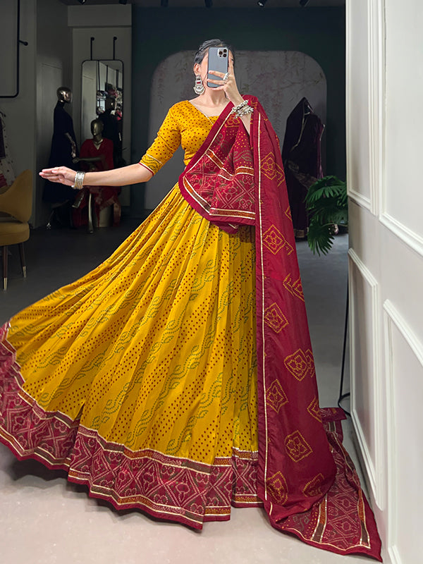 Yellow Bandhani Printed Tussar Silk Lehenga Choli With Dupatta